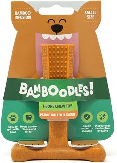 Bamboodles T-Bone Dog Chew Toy – Small | Peanut Butter Flavour | Long Lasting Natural Dog Chew for Small Dogs and Puppies | Durable, Safe and Satisfying Chew Stick