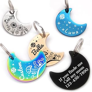 Personalized Dog Tags and Cat Tags, Stainless Steel Pet ID Tags, Collar Charm Engraved on Both Sides, up to 4 Lines of Custom Text, Various Patterns and Colors Options (Moon)