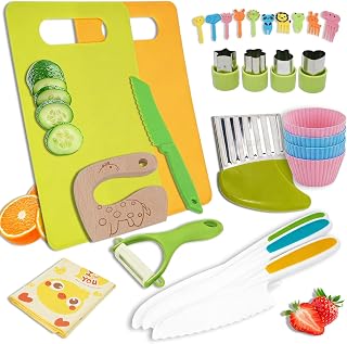 28 Pieces Montessori Kitchen Toys for Toddlers – Kids Knife Set for Chopping with Wooden Knives, Crinkle Cutter, Kids Chopping Board