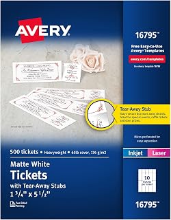 Avery Matte White Printable Tickets with Tear-Away Stubs, 1-3/4 x 5-1/2, Pack of 500 (16795)