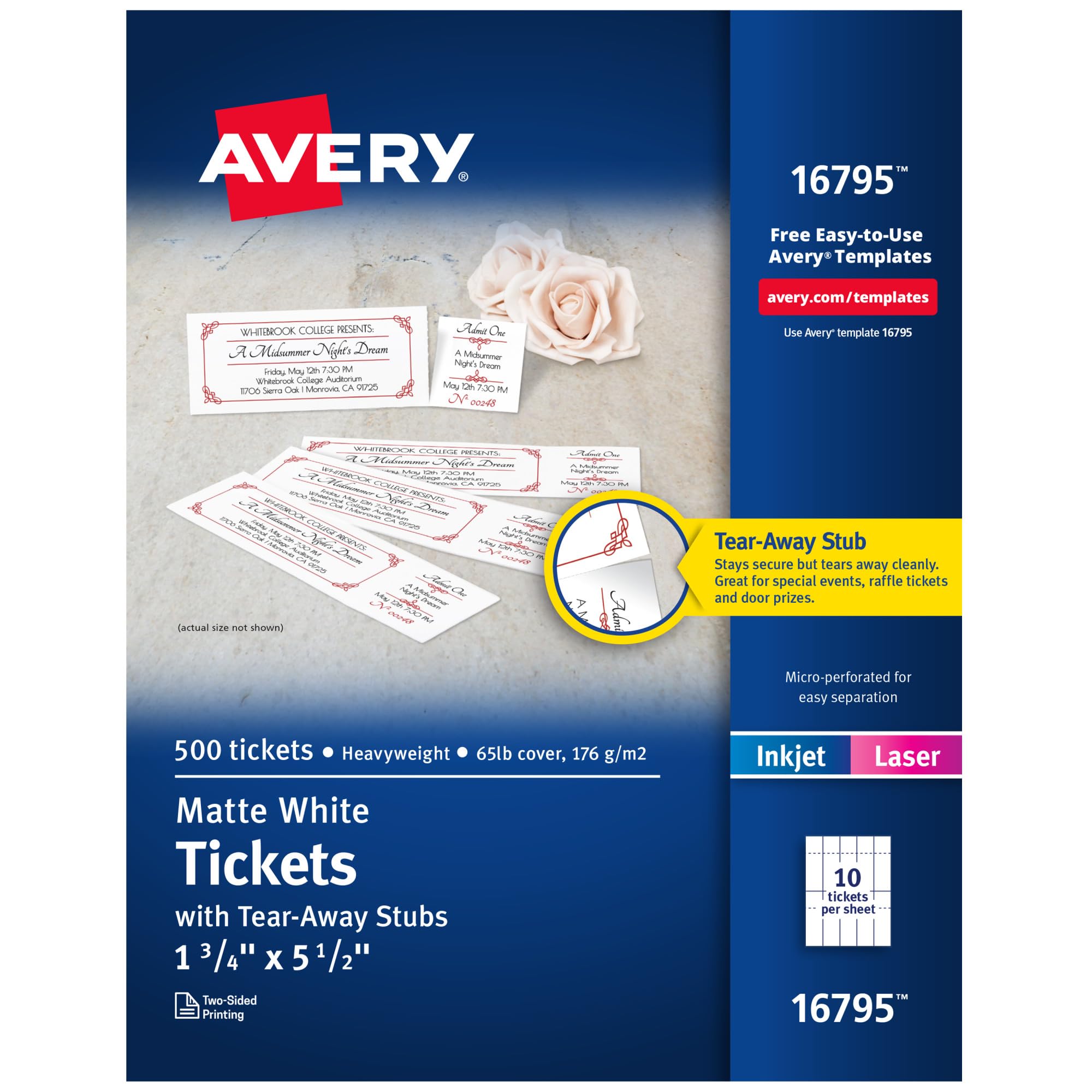 Avery Matte White Printable Tickets with Tear-Away Stubs, 1-3/4 x 5-1/2, Pack of