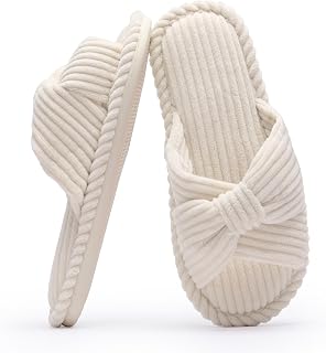 Chantomoo Women's Memory Foam Slippers for Home Bedroom Bathroom Spa Wedding Travel Hospital Open Toe Corduroy Slippers Non-Slip Cozy Comfortable