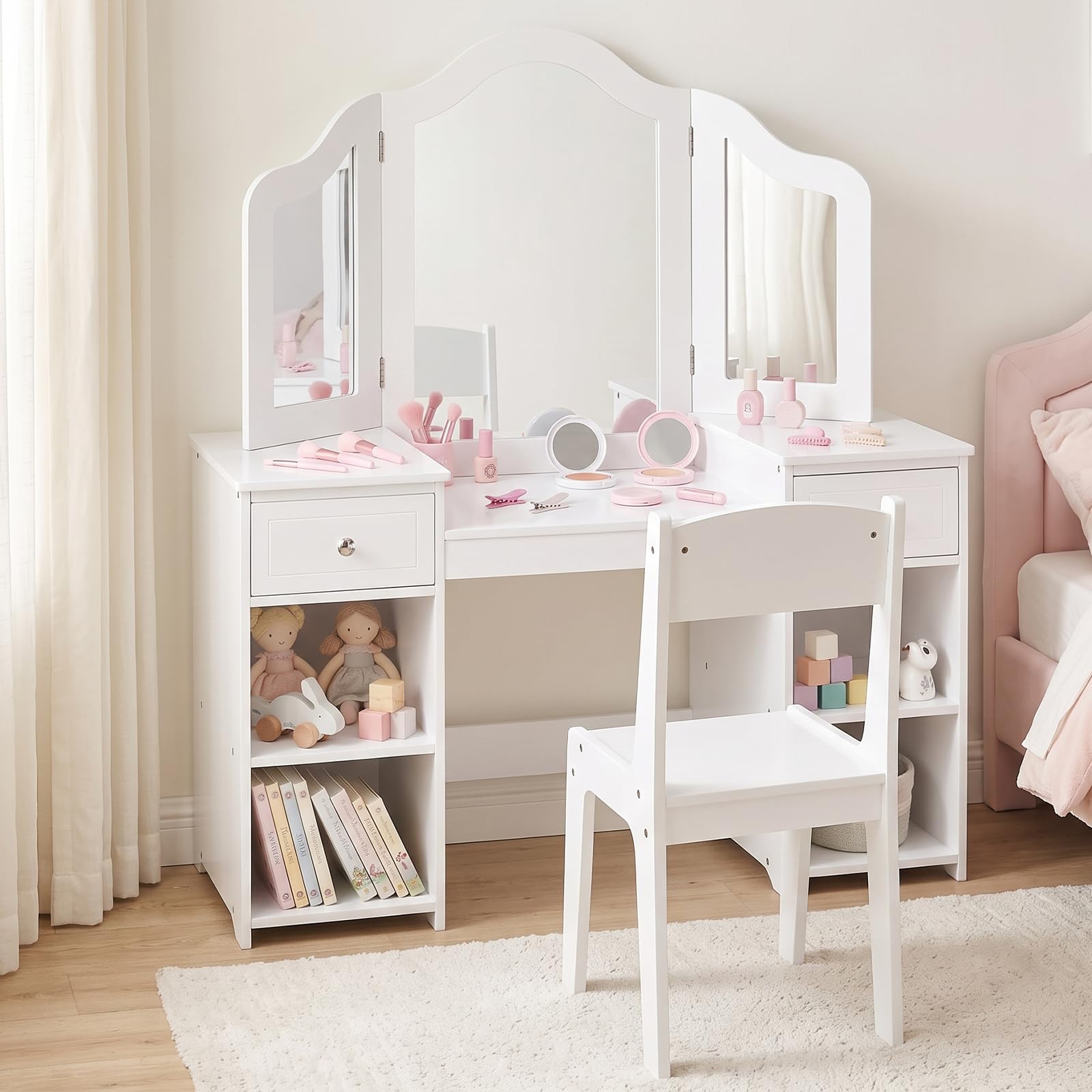 INFANS Kids Vanity, 2 in 1 Princess Makeup Desk & Chair Set with Tri-Folding Det