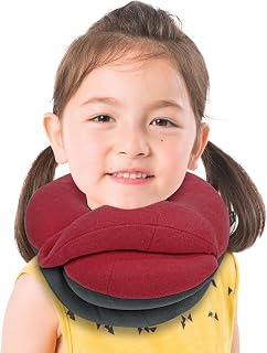 BUYUE Kids Travel Pillows for Airplane, 360° Head Support Sleeping Essentials for Boys Long Flight, Skin-Friendly Soft Neck Pillow for Traveling in Car Seat, (Small, Red-grey, 40-90 lbs)