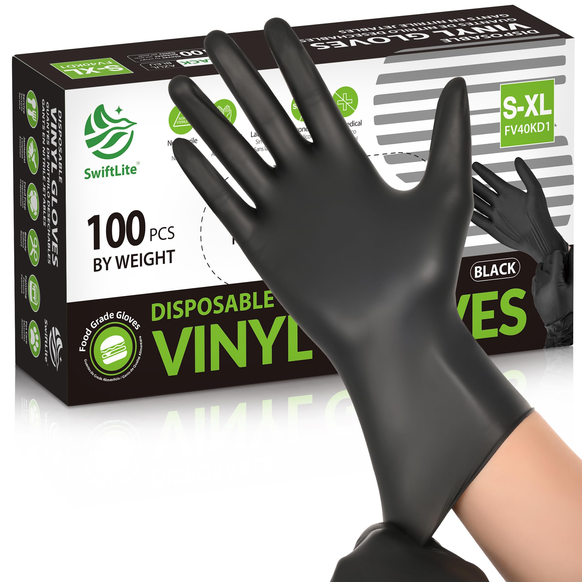 SWIFTLITE Black Vinyl Gloves, Food Grade Gloves Disposable Latex Free | Powder F