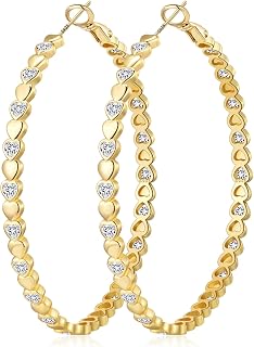 OOOPEL Heart Cubic Zirconia Large Hoop Earrings for Womens 925 Silver 14k Gold Plated Hypoallergenic Rhinestone Hoops Earring Sparkly Jewelry Gift 30/40/50/60mm