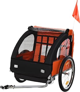 HOMCOM 2 Seat Bike Trailer Wagon Steel Frame Orange Black 130 x 76 x 88 cm | Bicycle Wagon, for Kids, Safety Harness, Seat Carrier