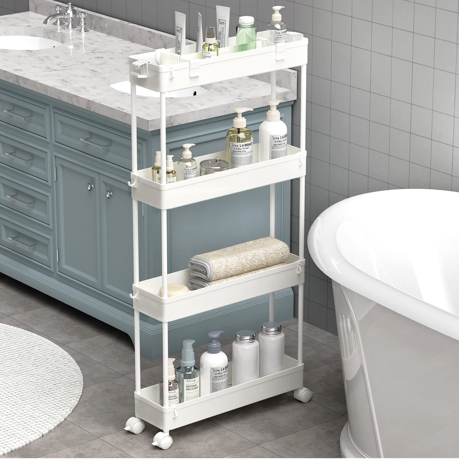 SPACELEAD Slim Storage Cart 4 Tier,Bathroom Storage Organizer Rolling Utility Ca