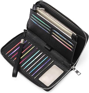 GAEKEAO women's wallet, large capacity leather women's wallet, zip clutch, bracelet with RFID blocking and more, Aa-black