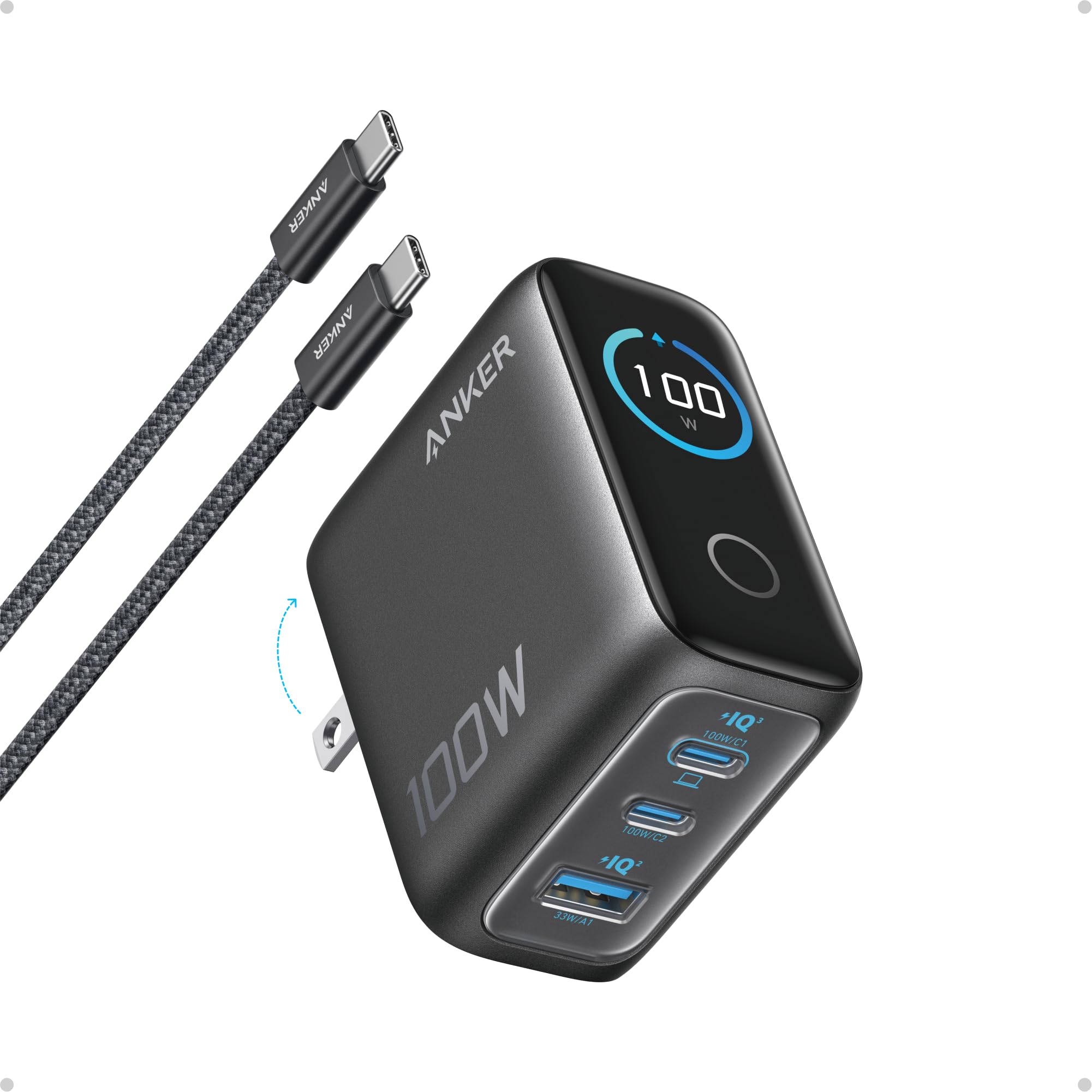 Anker 100W Max USB C Charger, 3-Port GaN Phone Charger with Smart Display | Ultr