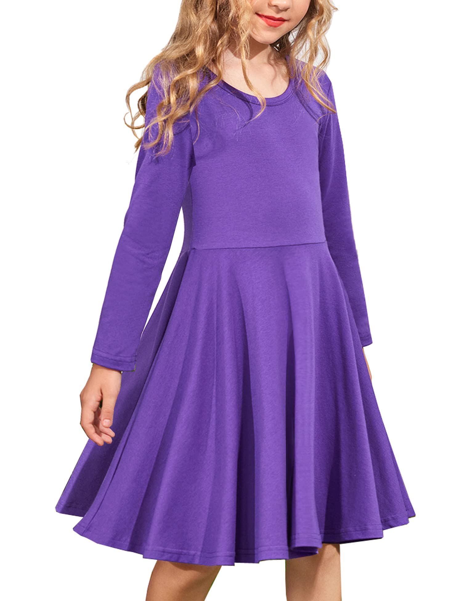 Arshiner Girls Long Sleeve Stretchy A line Twirly Skater School Party Dress