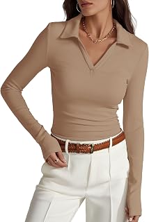 Prettywear Women Long Sleeve Polo Shirt Casual Work Tops V Neck Tops Autumn Clothing 2025
