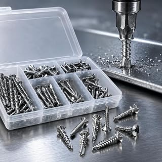 60 Pcs Self Tapping Screws, Stainless Steel Flat Head Phillips Countersunk Self Drill Screw Assortment Kit, M4.2 Tek Screws for Sheetmetal Wood, 5 Sizes 13-38mm