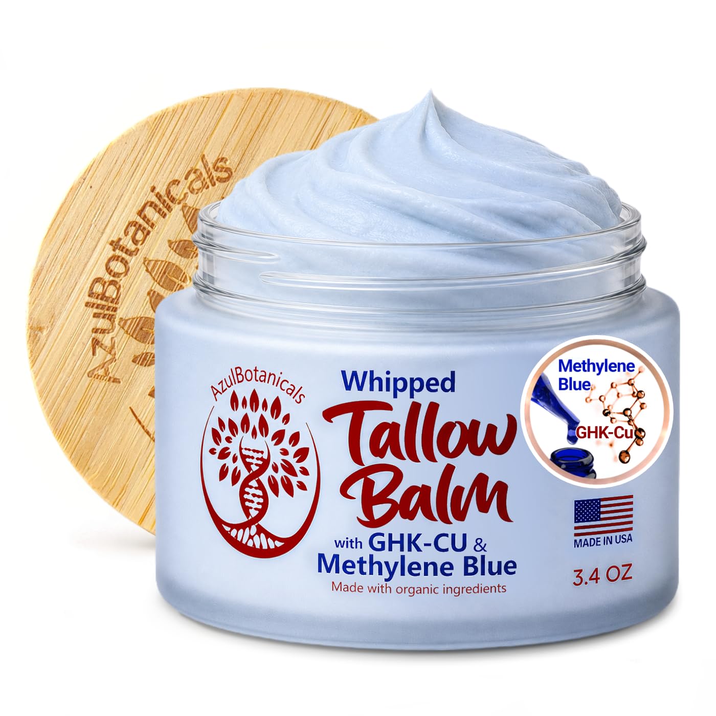 AzulBotanicals Tallow Balm, Infused with GHK-Cu & Methylene Blue 3.4oz | Grass f