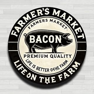Farmhouse Market Bacon Vintage Rustic Aluminum Round Wall Sign 8" Gift and Decoration for Home Office Bar Farmyard