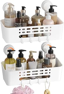 Lifewit Wall Mounted Suction Shower Basket, 31 cm Shower Shelf No Drilling, Removable Plastic Bathroom Storage for Shampoo Gel, Face Cleansing Gel, White, 2 Packs
