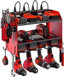 CCCEI Wall Mount Modular Tool Charging Organizer, Red, 1 Pack, 3 Tier. | Drill Battery Storage Rack with Hooks, Garage Workshop, Gifts for Men, Dad, Husband Anniversary, Birthday, Christmas