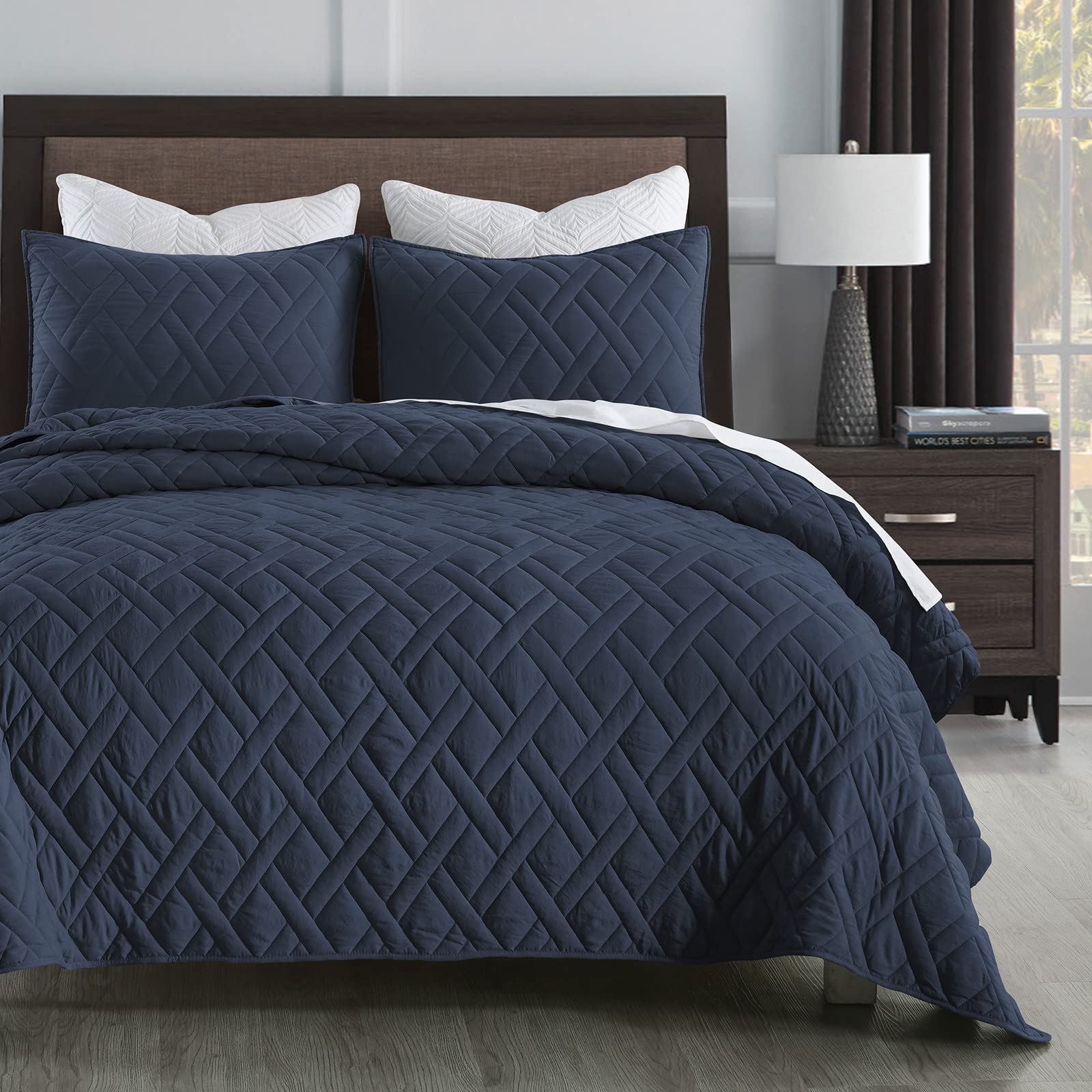 HORIMOTE HOME Quilt Set Queen Size Navy Blue, Classic Geometric Diamond Stitched