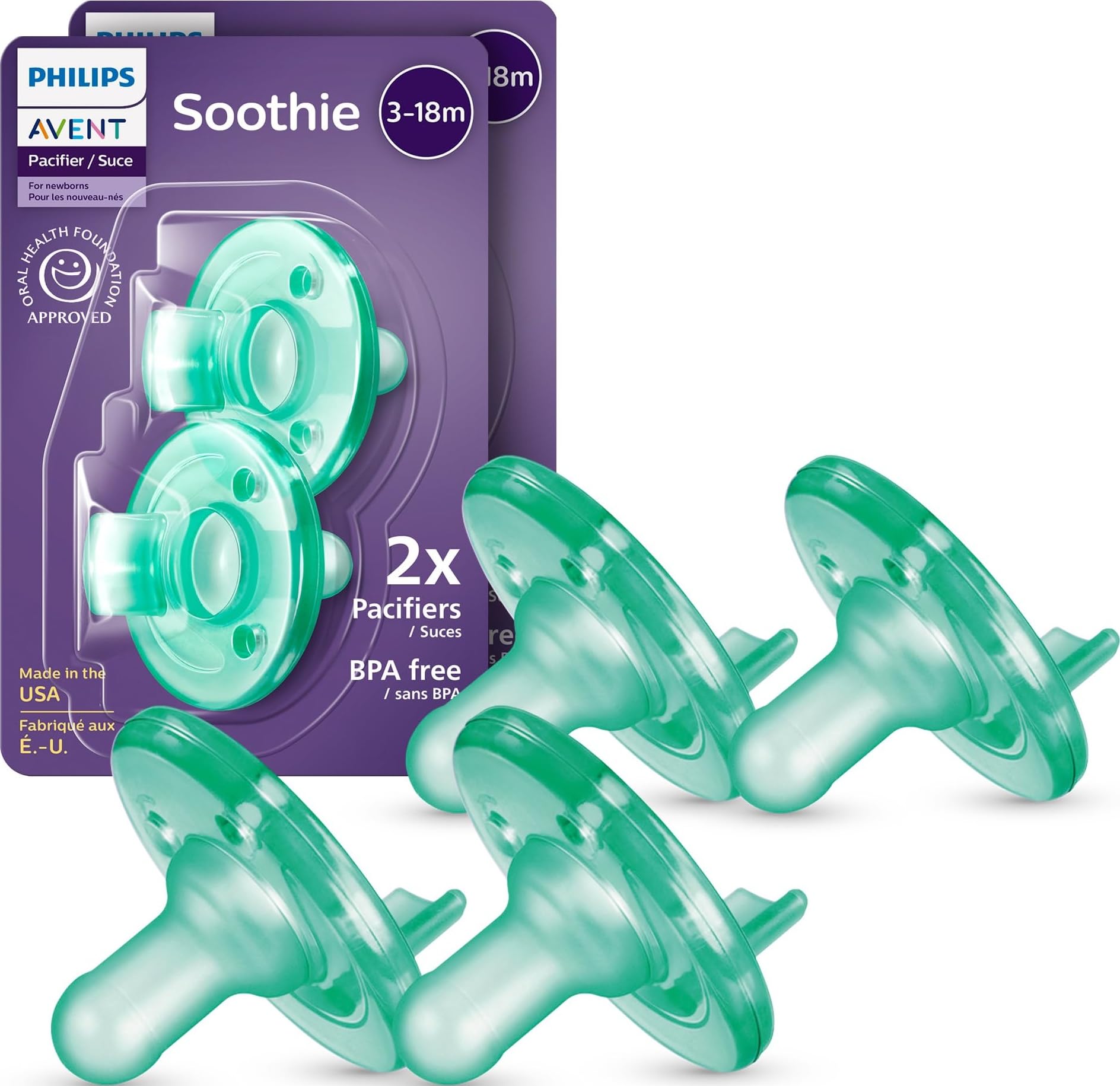 Philips Avent Soothie Baby Pacifier for 3-18 Months, BPA-Free, 4-Pack | Supports
