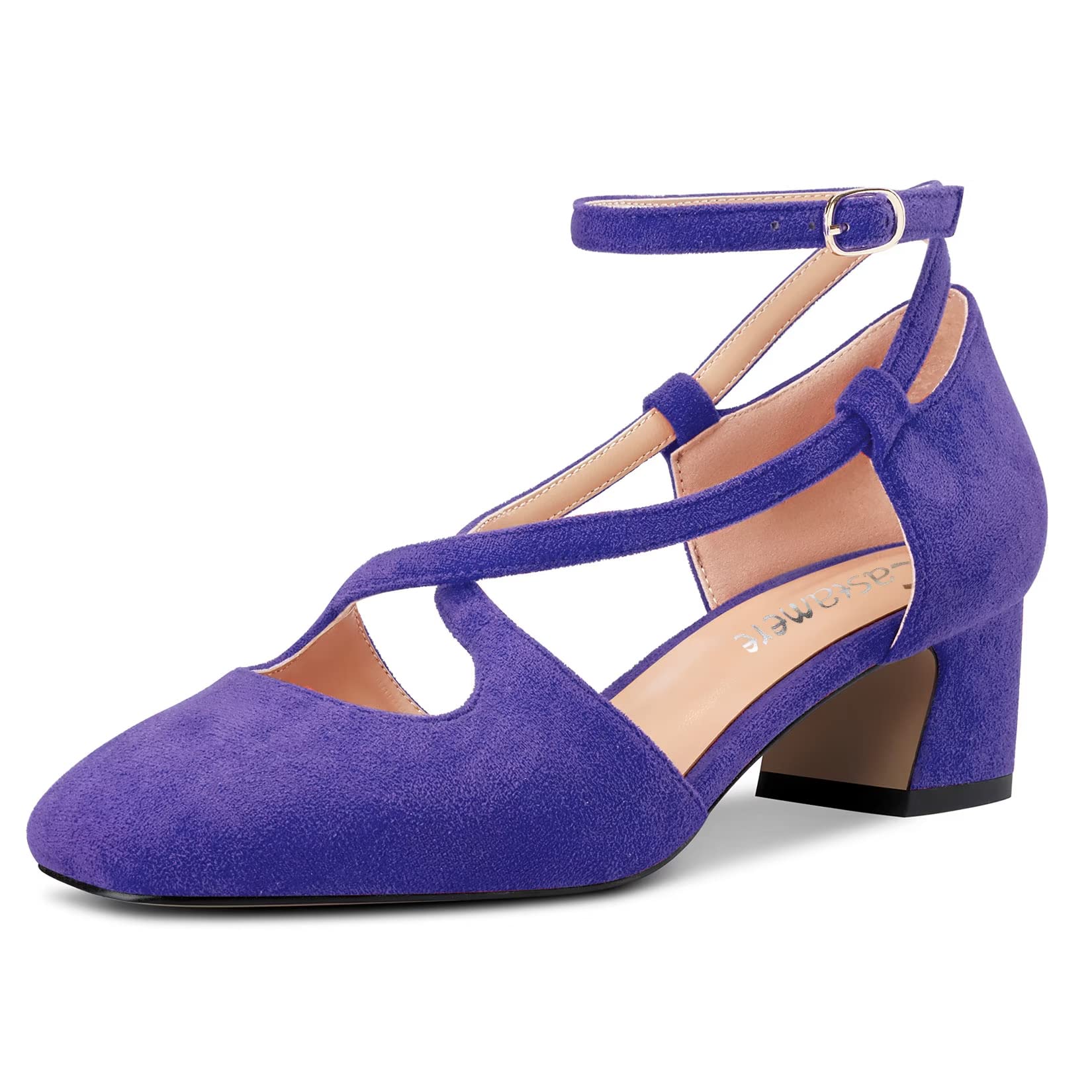 Castamere Women Medium Chunky Wide Heel Square Toe Cross Strap Pumps Party Cute 