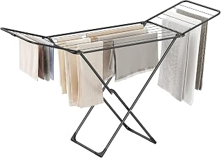 SONGMICS Clothes Drying Rack, Metal Laundry Drying Rack, Foldable, Space-Saving, Free-Standing Airer, with 2 Gullwings, Indoor Outdoor Use, Bed Linen Clothing, Black ULLR540B01