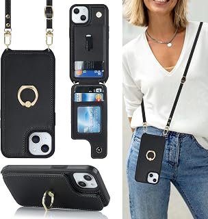 Lipvina Crossbody Wallet for iPhone 15 Case with Strap-Black | Cute Crossbody Lanyard Purse,4 Card Holder,RFID Blocking,and a 360° Ring Kickstand.Lightweight PU Leather for Women