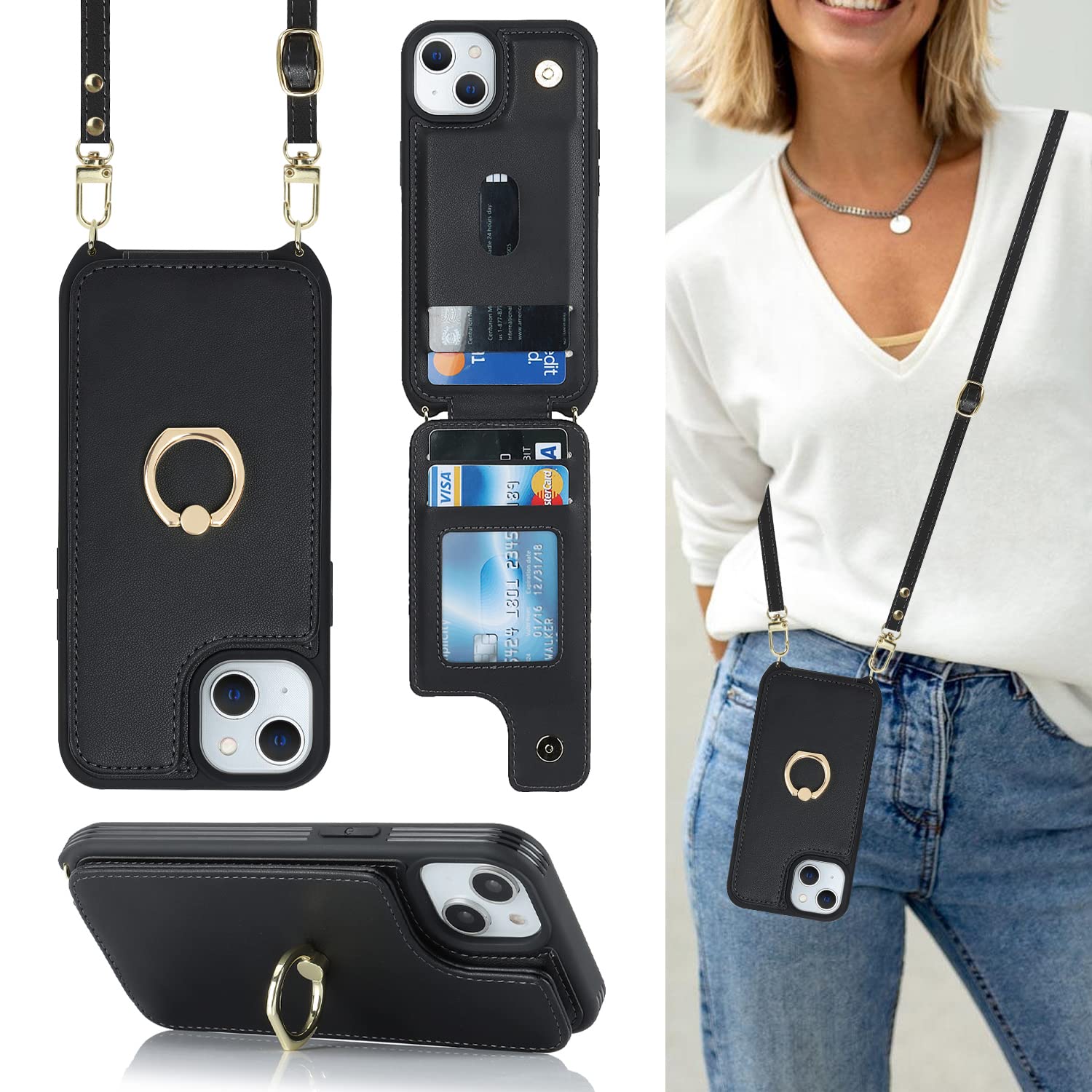 Lipvina Crossbody Wallet for iPhone 15 Case with Strap-Black | Cute Crossbody La