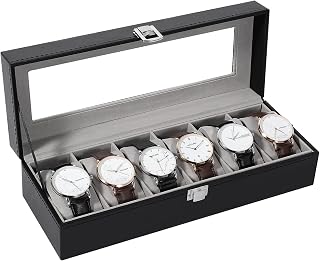 Uten Watch Box, 6 Slots Leather Watch Box Storage Box with Glass Lid for Men and Women