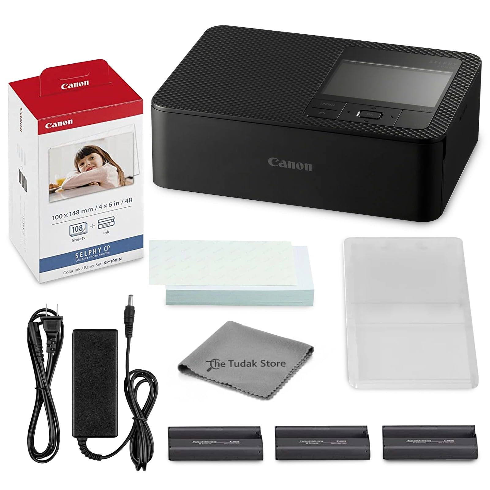 Canon Selphy CP1500 Photo Printer Bundle (Black) with KP-108 Paper (108 Sheets) 