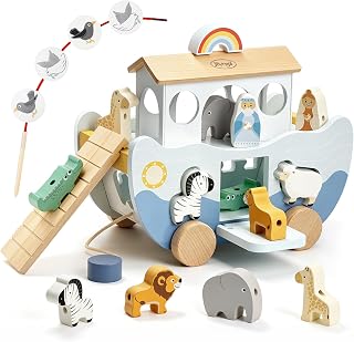 Joyreal Wooden Noah's Ark Toy for 1 Year Old Baby Boy and Girl Baptism Gift | Neutral Color, Montessori Educational Toy, Animal Shape Sorter, Christian Toys for Toddler 1-3, Christmas Birthday Gift