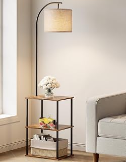 Floor Lamp with Table,Night Stand Lamp,End Side Table for Living Room Brown | Small Narrow Coffee Table with Lamp, Modern Standing Lamp with Storage Shelves, 3-CCT LED Bulb, Bedroom Office Home Décor