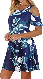 Misyula Style Womens Summer Cold Shoulder Floral T-Shirt Dress with Pockets
