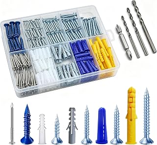 Wensilon 270PCS Drywall Anchors and Screws Plastic Anchors Assortment Kit | with Screws, Nails, cement screws，Three sizes of drill bits, for Drywall, Wood，brickwall and concrete wall