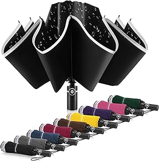 Bodyguard Inverted Umbrella - Large Windproof for Rain & Sun, Compact Reverse With Reflective Stripe, Teflon-Coated for Women Men, Travel Folding With Cover Bag