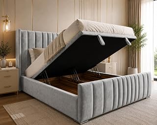 LUXURY DELUXE Winged Bedframe with 48" Wingback Headboard, Upholstered Plush Velvet Bed for Bedroom, Single, Double, Kingszie, Super King Bed (Silver Plush, 5FT Kingsize With Storage - No Mattress)