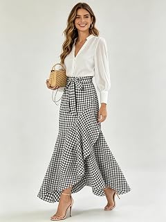 Women's Gingham Maxi Skirt High Waist Ruffle Hem Tie Waist Plaid Long Skirts Summer Beach Vacation
