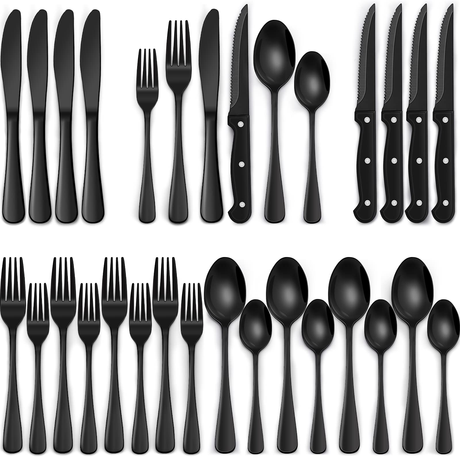 EWFEN 24-Piece Black Silverware Set with Steak Knives, Black Flatware Set for 4,