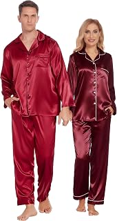 Ekouaer Pijama a juego para parejas, de seda, de manga larga, de satén, suave, con botones, para descansar, tallas S-XXL, Men - Wine, Large