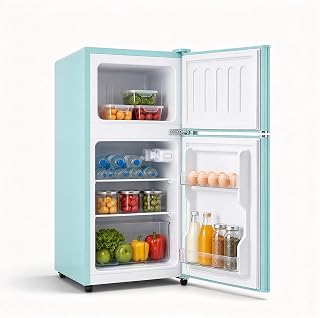WINRIZZ 80L Retro Double-Door Mini Fridge with Freezer, Blue | 2.8 Cu.ft, Tiny Size, 7‑Level Adjustable Thermostat, Small Refrigerator for Dorm, Bedroom, Office & Apt, Single‑Person Use