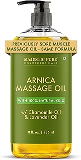 Majestic Pure Arnica Sore Muscle Massage Oil for Massage Therapy - 8 Fl Oz | 100% Natural Arnica Massage Oil with Chamomile & Lavender Oil, Ideal for Massage & Relaxation,Fast Absorbing, Non-Greasy Feel