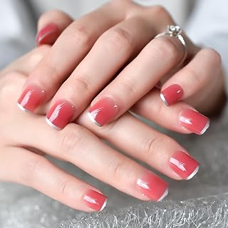 Glossy Red Gradient French Press On Nail Medium Length Scobaru Fake Nail Acrylic Fake Nail Art Tips Manicure Kit
