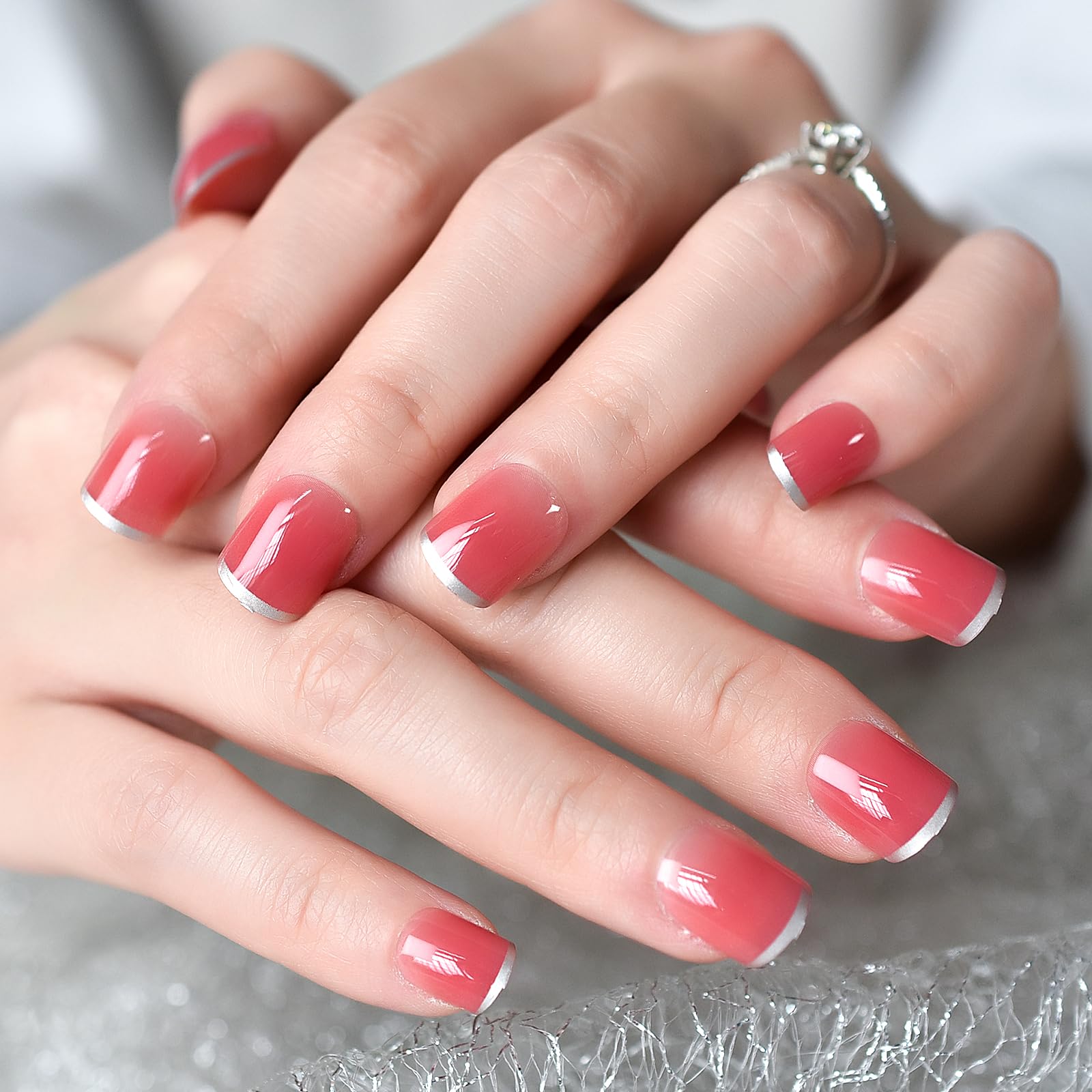 Glossy Red Gradient French Press On Nail Medium Length Scobaru Fake Nail Acrylic