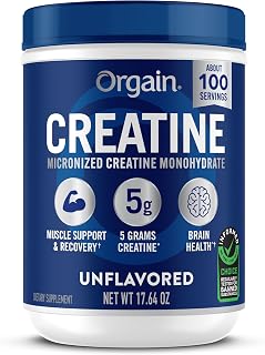 Orgain 5g Creatine Monohydrate Micronized Powder, Unflavored, 100 Servings | Creatine to support muscle growth, post workout recovery & brain health, no artificial additives, non-GMO, 17.64oz