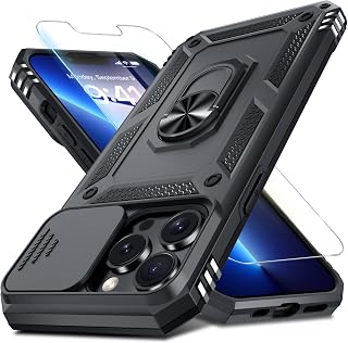 for iPhone 13 Pro Max Phone Case Built in Slide Camera Lens Cover | with Tempered Glass Screen Protector+Finger Ring Holder Kickstand,Heavy Duty Shockproof Full Body Phone Cover,Black