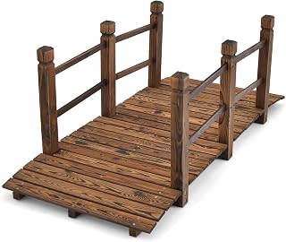 HAPPYGRILL 5FT Wooden Garden Bridge with Double Safety Railings | Decorative Pond Landscaping Bridge with Classic Arc Footbridge, Garden Bridges for Outdoors, Backyard, Garden Farm (Brown)