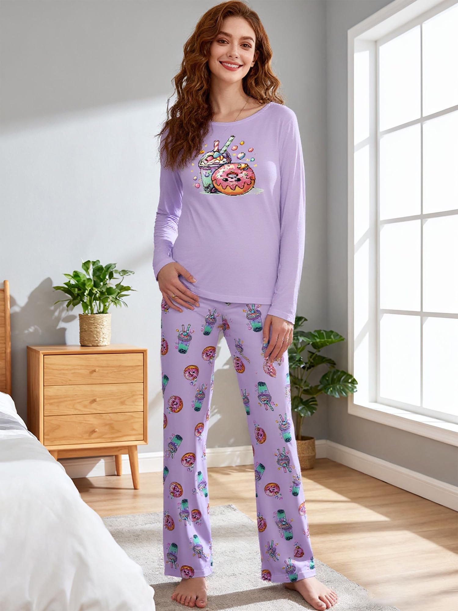 Women Long Sleeve Button Down Pyjamas Set 2 Pieces Cartoon Lounge Wear Soft Home