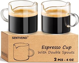 4 Oz Espresso Cups Set of 2 Double Spout with Handle Coffee Bar Accessories | Food-grade clear durable glass, Easy to clean, Smooth pouring, Ideal for coffee, desserts and salad dressing