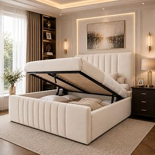 J&S BEDS King Size Ottoman Bed with Mattress, Luxury Serenity Velvet Upholstered Panel Bed with Headboard, 5FT Ottoman Bed King Size with Gas Lift Storage - Cream Plush