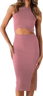 PRETTYGARDEN Women's Summer Midi Bodycon Dress Casual Crew Neck Side Slit Sleeveless Knit Cut Out Tank Top Dress