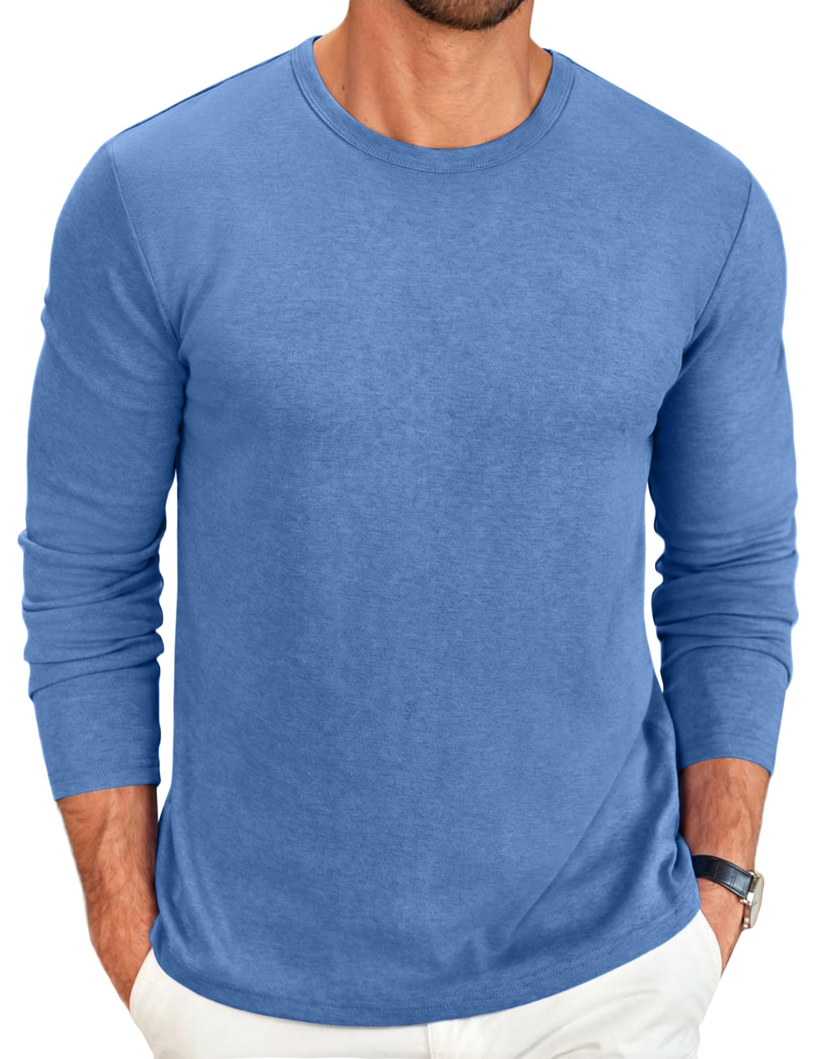 COOFANDY Camiseta de manga larga para hombre, cuello redondo, lisa, casual, bási